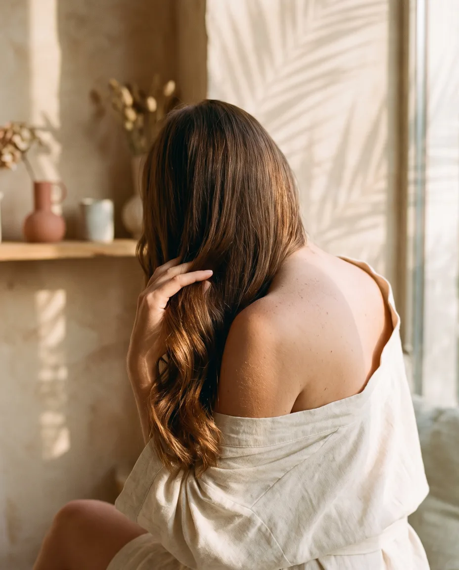 Woman seen from behind running balm through the ends of her hair