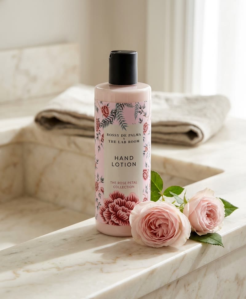 Hand Lotion de la Rose Petal Collection en el lavabo